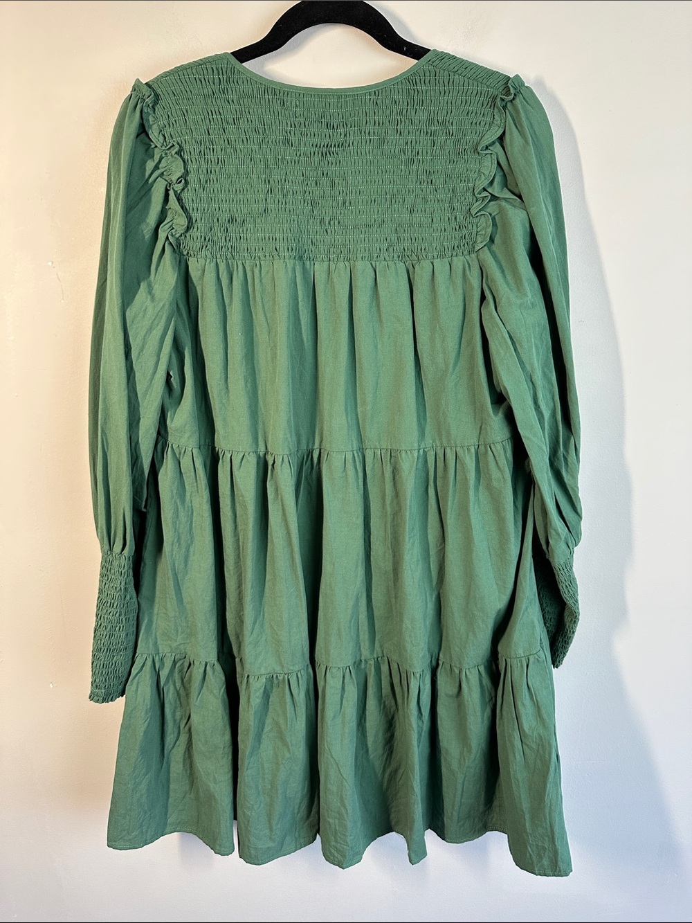 Pomander Place Ceci Smocked Long Sleeve Green Tiered Mini Dress Sz M 100% Cotton - Picture 3 of 11